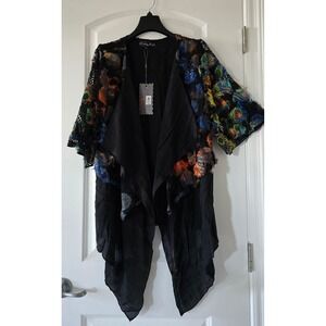 Pretty Angel Women XL Black Mixed Media Mesh Frayed Patch Open Cardigan NWT